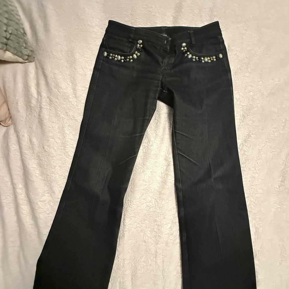 St. John Black Flare Wide Leg Jeans with Elegant Embellishments